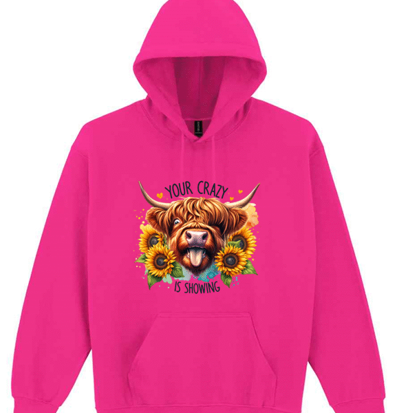 Colourful Highland Cow Hooded Sweatshirt (printed) your crazy is showing design